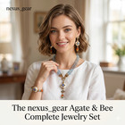 Vintage Gold Bee Jewelry Set Agate Pearl Necklace Earrings Bracelet Anniversary