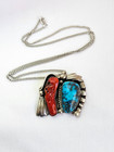 Nice Navajo Turquoise   Coral 1 1 2  Pendant Sterling Silver Necklace Signed F