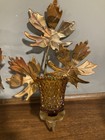 Vintage Maple Leaf 2 Wall Sconces Candle Holders Brass Copper Amber Glass Mcm