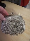 Vintage Silver Beaded Shoulder Bag Chain Strap Kiss Lock Evening Purse Clutch