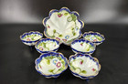 Antique Nippon Moriage Nut Bowl Set  7  Cobalt Gilt Stylized Flowers Footed