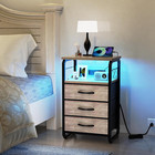 Bed Side Table With 3 Fabric Drawers  Night Stand With Charging Station  Led Nig