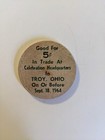1964 Troy  Ohio Vintage Wooden Nickel Overfield Tavern 5c Green