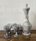 Vintage White   Gray Marble Cordial Liquor Decanter W 4 Shot Stemmed Goblets