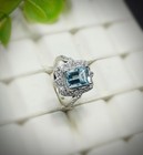 Gorgeous Aquamarine Octagon Cut Engagement Halo Ring 925 Sterling Silver Jewelry
