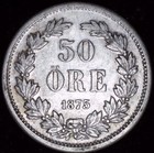 1875 Sweden 50   re - Oscar Ii    600 Silver
