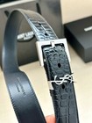 Saint Laurent Silver Ysl Logo Genuine Calfskin Black Leather Women Belt 80 85 90