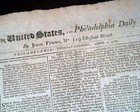 From Philadelphia Pennsylvania Pa Was U s  Capital Rare 1798 American Newspaper