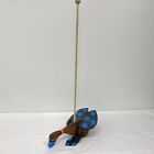 Vtg Wood Push Walking Duck Rubber Flappy Feet On Stick Toy 26    Hand Painted Blue