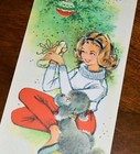Vintage Unused Christmas Card 1950s Pretty Girl Lady Poodle Dog Mcm Rust Craft