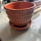 Orange Mid Century Modern Mccoy Art Pottery 4 1 4  Wide Flower Pot W  Saucer Mcm