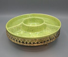California Pottery No 16 Speckled Green Round Snack Relish Dish  Metal Stand