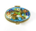 Bird   Flowers Vintage Enamel Pill Box Cloisonne Hummingbird Colorful Oval Blue
