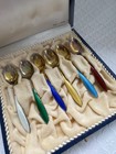 Antique Vintage Norway Sterling Silver 925 Enamel Spoon Set 6 Gold Wash