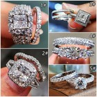 2pcs set 925 Silver Filled Ring Cubic Zircon Wedding Engagement Jewelry Sz 6-10