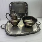 4 Vintage Silverplate Tray Set Lot Tea Coffee Pot Bowl Ornate Serving
