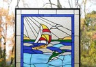20 5  X 34 75 Dolphin Boat Seashore Beach Handcrafted Stained Glass Window Panel