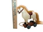 Vtg Wooden Horse On Wheels Pull Toy Fur Mane   Tail Hand Made Farmhouse Country
