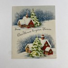 Vintage Mid Century Christmas Greeting Card Pink Red Houses Snowy Roof Our House