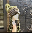 Handmade Crochet Earflap Hat W  Furry Cat bear Ears  Green brown Striped