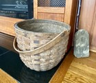 Large Vintage Willow Wood 1860   s Farm Basket With Wooden Base   Medal Straps