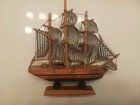 Wooden Sailboat Model With Striped Sails  6 Inch Ship Collectible