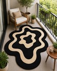 Modern Abstract Wavy Hand Tufted Rug Black   Beige Irregular Shape Carpet Rug