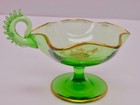 10 Antique Moser Bohemian Glass Green Gold Handled Bowl Ruffled Josephinenhutte