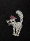 Rhinestone Crystal Pave Scared Cat Kitten Pink Flower Brooch Pin Silver Tone