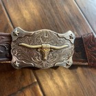 Vintage Tony Lama Boy s Belt With Longhorn Buckle Brown Leather Size 24