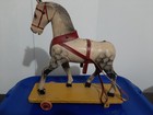 Antique Wooden Pull Toy Horse On Platform With Wheels - 12 