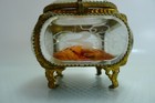 Antique French Rare Etched Beveled Glass Square Casket Trinket Brass Jewel Box