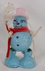 Snowman Christmas Ornament Blue Paper Mache Glitter Pink Top Hat Vintage  883