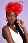 Red Veil Feather Mesh Fascinator Veil Hat Clip Band Wedding Tea Cocktail Party