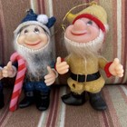 5 Vintage Flocked Pixie Elf Gnome Dwarfs Plastic Christmas Ornaments-see Pics