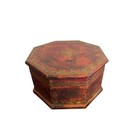 Vintage Red Octagonal Wooden Keepsake Box Brass Studded Jewelry Chest Distressed