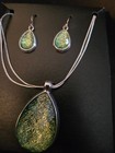 New Sterling Silver Necklace   Earring Set W resin Made Stones Green Tear   