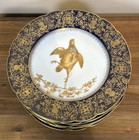 Set Of 8 Limoges Antique Gilt Cobalt Hand Painted Gold Bird Game Plates 19th C