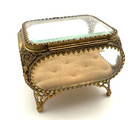 Fine Vintage Antique Filigree Jewelry Casket Footed Box With Beveled Glass