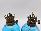 Antique Miniature Oil Lamps Blue  Coin Dot Pattern W burners Matching Set 4 1 2 