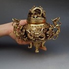 7  Chinese Brass Gilt 9 Dragon Incense Burner Censer Incensory Burner Statue