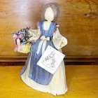 Vintage Handmade Corn Husk Doll In Blue Dress With Dried Basket Of Flowers
