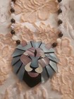 Vintage Lee Sands Mop Inlay Onyx Tigers Eye Lion Head Necklace earring Set