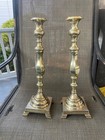2 Antique Solid Brass 17 25 Inch Candlesticks With Heavy Footed Square Base
