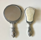 Vintage Ornate Silver-tone Vanity Set-hand Mirror   Hairbrush Floral Design 1950