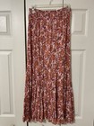 Lola P  Floral Long Rayon Skirt Smocked Waist Orange Pink Cream Bohemian Size M