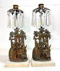 Pair Of Antique Ornate Figural Bronze Marble Crystal Girandole Candle Holders