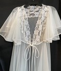 Vtg White Satin   Chiffon Peignoir Set Liquid Satin Nightgown Sheer Flutter