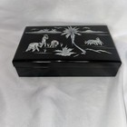 Hinged Asian Trinket Jewelry Box Mother Of Pearl Inlaid Lacquerware Red Velvet