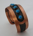 Vintagebell Trading 1  Wide Solid Copper Cuff Bracelet W 6 Round Faux Turquoise